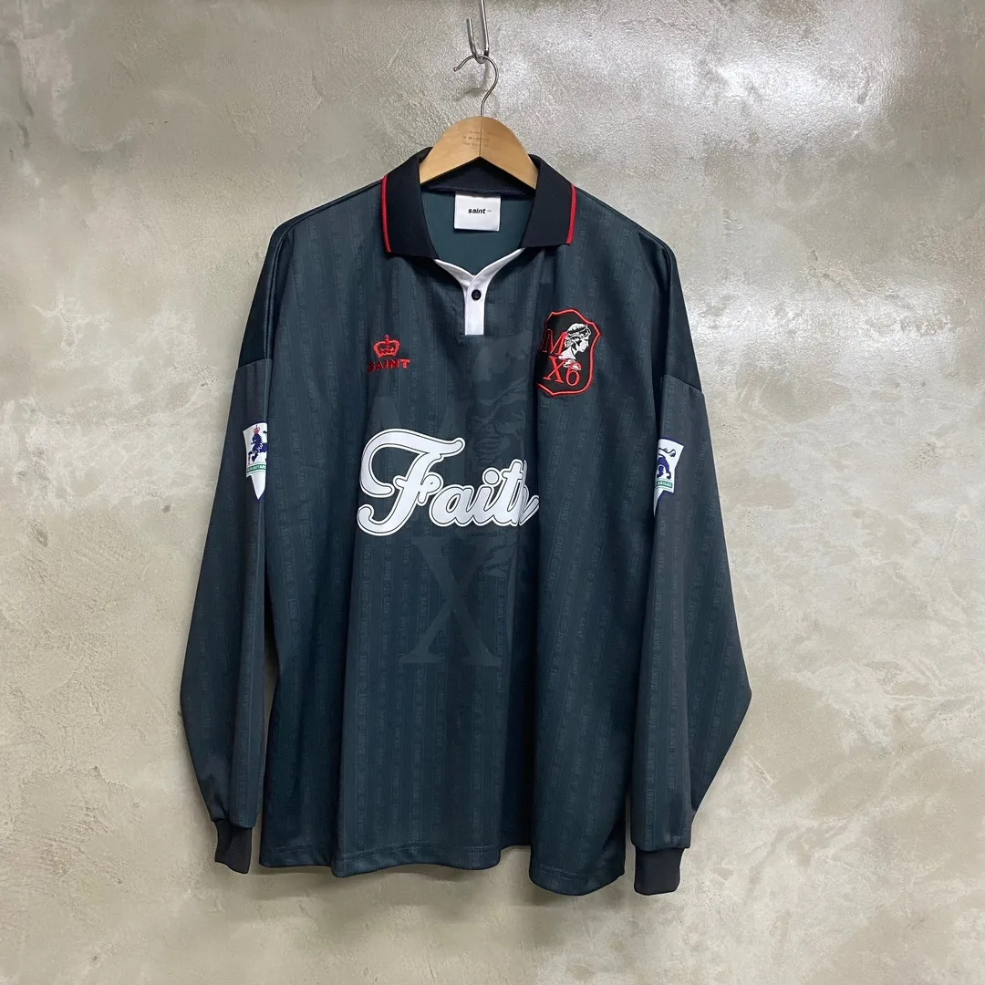 SAINT M×××××× SOCCER SHIRT 'FAITH'/BLK FAITH Football Long Sleeve Black S-XL This design has a lot of craftsmanship Digital fabric printing/front positioning printing laser cutting Offset printing + flocking printing + embossing Imported Behringer machine embroidery Flat machine collar + cuffs Genuine consistent main mark/wash mark/cherub mark